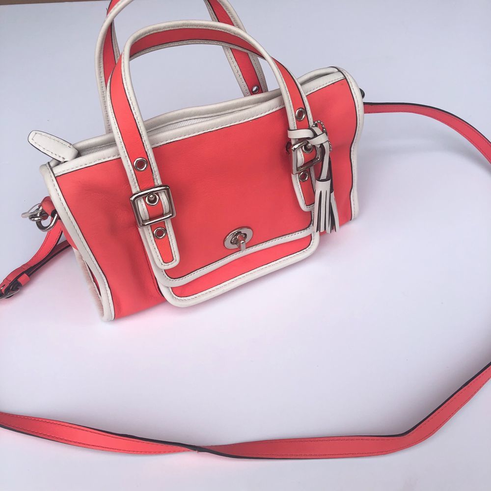 Authentic Coach Mini Satchel, Neon Coral/White